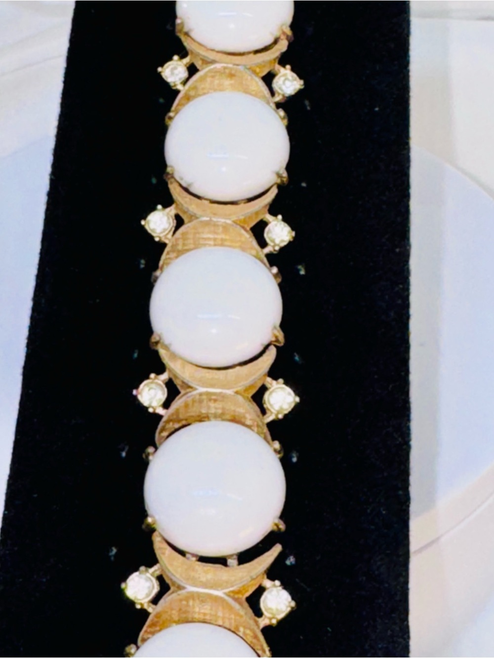 Vintage Sarah Coventry Bracelet with White Cabochon and Clear Rhinestone Accents